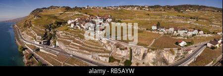 Le village vigneron suisse de Rivaz, au-dessus du lac de Genève dans le domaine du patrimoine culturel mondial de l'UNESCO du Lavaux vu de l'air dans un drone photo Banque D'Images