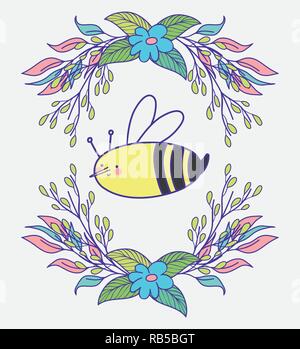 Les fleurs du printemps avec plantes feuilles et bee Illustration de Vecteur