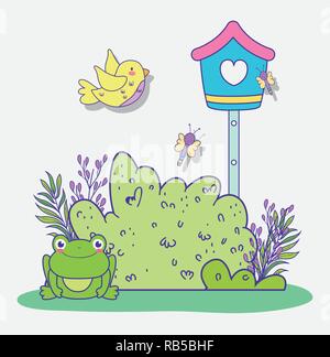 Les buissons de printemps avec plantes feuilles et frog Illustration de Vecteur