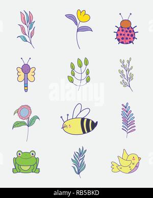 Mettre des fleurs avec des feuilles et branches animaux insectes Illustration de Vecteur