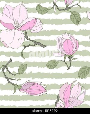 Motif florale. Magnolia Fleurs et feuilles. L'été et au printemps. Dessin vectoriel sans soudure botanique dessiné à la main avec fleur et branche de magnolia Illustration de Vecteur