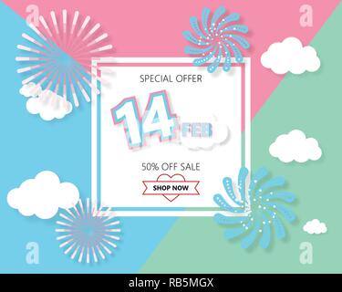 Valentines Day vente créative avec l'arrière-plan et nuages d'artifice modèle de coupe de papier arrière-plan. Vector illustration. Fond d'écran. Flyers, carte d'invitation. Illustration de Vecteur