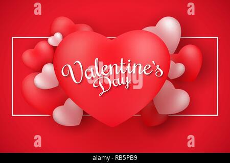 Bannière de la Saint-Valentin. Vol romantique coeurs 3D dans l'image sur un fond rouge. Belle calligraphie. Composition romantique. Vector illustration. Spe Illustration de Vecteur
