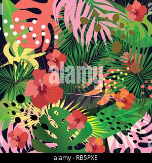 Résumé et décoratif motif de feuilles tropicales fleurs et points sur fond sombre Illustration de Vecteur