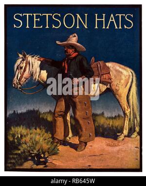 Chapeau Stetson, mieux connu dans le monde entier. Entreprise a commencé en 1865 par John B Stetson. Poster des images comme ce cow-boy avec son cheval pris en charge le mythe de l'Ouest, et reflètent les valeurs des lecteurs de romans de l'Ouest et les spectateurs de films occidentaux venus à attendre. Banque D'Images