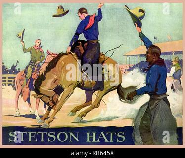 Chapeau Stetson, mieux connu dans le monde entier. Entreprise a commencé en 1865 par John B Stetson. Poster des images comme ce cow-boy avec son cheval pris en charge le mythe de l'Ouest, et reflètent les valeurs des lecteurs de romans de l'Ouest et les spectateurs de films occidentaux venus à attendre. Banque D'Images