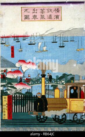 Pas shussha Yokohama tetsudo joki zu (train à vapeur d'abord quitté Yokohama) par Kunisada Utagawa, 1823-1880, artiste japonais 1872. Triptyque japonais imprimer montrant un train rempli de passagers avec city, falaise, montagne, et les navires naviguant sur la mer en arrière-plan. Banque D'Images