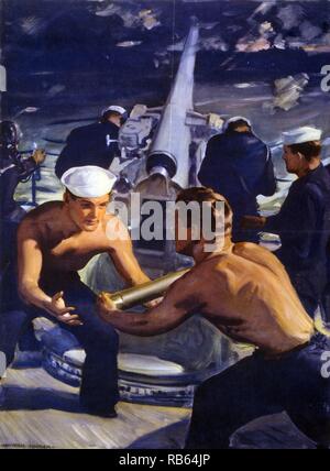 La seconde guerre mondiale, american affiche montrant le chargement des munitions dans les marins un canon. "Un message de America' par Hayden, c1943. Banque D'Images