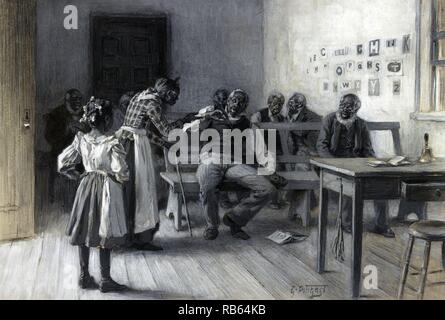 Une caricature représentant un adulte les Africains américains dans une salle de classe avec les personnes âgées enseignante disciplinant un homme assis dans la rangée avant;une jeune fille se dresse sur la gauche, au premier plan. Datée 1897 Banque D'Images