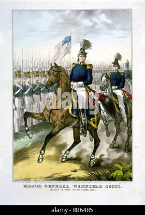 Le Major-général Winfield Scott, général en chef, Armée des États-Unis, en premier plan, à cheval, à l'examen des contingents. Banque D'Images