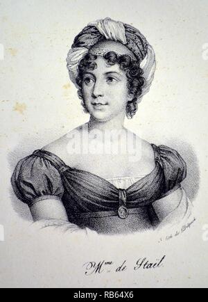 Anne Louise Germaine de Staël (1766-1817) écrivain suisse et héritière de Jacques Necker, ministre des Finances sous Louis XVI. Lithographie, Paris, c1840. Banque D'Images