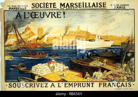 Au travail ! Societee marseillaise de crédit. Abonnez-vous à l'emprunt à l'anglais. Une scène portuaire français avec des navires et des hommes qui travaillent sur les quais. Banque D'Images