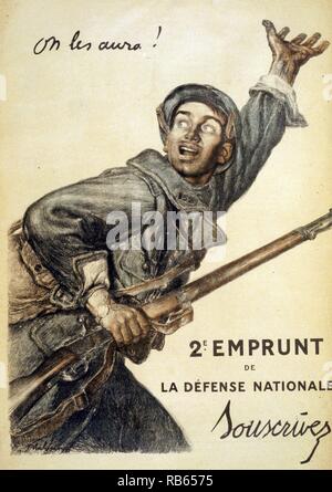 Nous allons les obtenir ! Abonnez-vous à la 2e Défense nationale prêt. Un soldat français avec une arme à feu dans une main, et l'autre soulevé exhortant ses camarades. C'est le plus de rappeler le français affiche produite pendant la guerre. Banque D'Images