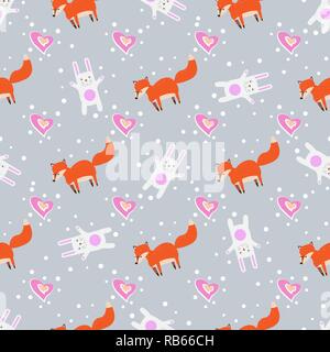 Fun imprimer. cute little foxes avec motif transparent fox, cœur et lapin blanc Illustration de Vecteur