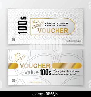Chèque cadeau vecteur modèle. Flyer universel pour les entreprises. luxury gold white vector design pour les grands magasins, les entreprises. 100 dollars Illustration de Vecteur