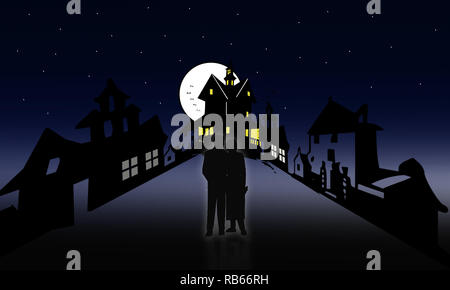 Les amoureux de l'illustration à la marche de l'Halloween. Au lieu hanté quelques creepy adventure paysage. Couple in love de passer sous une nuit de pleine lune. Banque D'Images