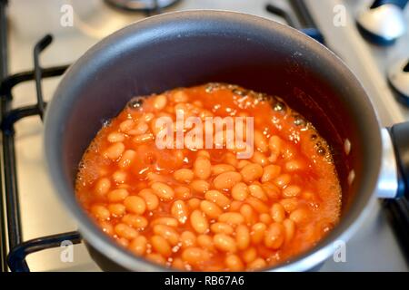 La cuisson des haricots blancs dans une casserole sur une cuisinière à gaz Banque D'Images