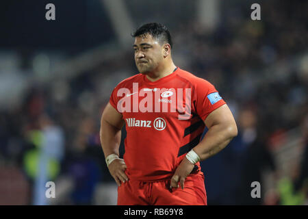 4e janvier 2018, Stade AJ Bell , Vente, Angleterre ; Gallagher Premiership, Sale v Saracens ; Christopher Tolofua de Sarrasins au cours du jeu Crédit : Mark Cosgrove/News Images Banque D'Images