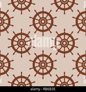 Seamless vector background pattern avec le volant d'un navire, bateau ou yacht gouverne de direction concept. milles marins ou de voyage en bois brun symbole. stee Illustration de Vecteur