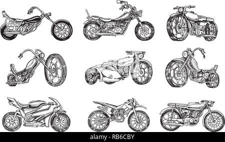 Jeu de motos anciennes. Collection de bicyclettes. Extreme Biker Transport. Retro ancien style. Gravé à la main dessin monochrome. Illustration de Vecteur