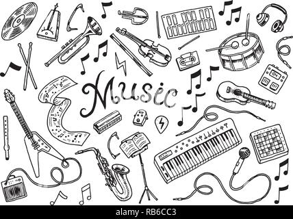 Ensemble de symboles musicaux et des icônes. Batterie guitare piano, outils créatifs et des passe-temps. Vintage contours esquisse pour bannières web. Concept de l'éducation. Retour à l'école. Hand drawn Doodle style. Illustration de Vecteur