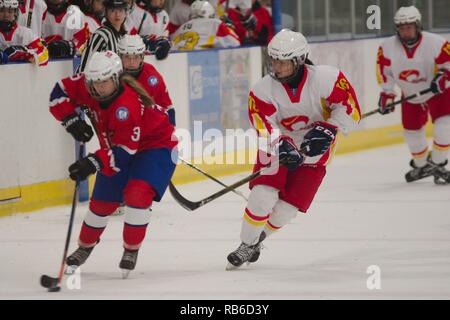 Dumfries, Royaume-Uni. 7 janvier 2019. Hannah Elise Didriksen de Norvège avec la rondelle de poursuites par Zhang Yuqi de Chine pendant leur correspondance dans le Hockey sur glace 2019 U18 Women's World Championship, Division 1, Groupe B, à Dumfries bol de glace. Crédit : Colin Edwards/Alamy Live News Banque D'Images