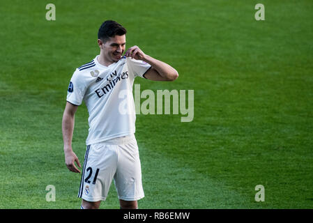 Madrid, Espagne. 7 janvier, 2019. Brahim Diaz au cours de sa présentation, après avoir signé pour le Real Madrid au stade Santiago Bernabeu. Credit : Marcos del Mazo/Alamy Live News Banque D'Images