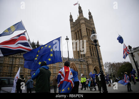 Londres, Royaume-Uni. Jan 7, 2019. Les manifestants se tiennent à l'extérieur les chambres du Parlement à Londres, la Grande-Bretagne, le 7 janvier. 2019. MPs est retourné à Westminster lundi après la pause des fêtes et du nouvel an, et reprenons le débat sur le projet de loi sur l'Brexit mercredi, avec le vote attendu au début de la semaine suivante. Crédit : Tim Irlande/Xinhua/Alamy Live News Banque D'Images