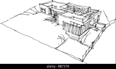 Croquis d'architecture dessiné à la main maison individuelle ou bungalow situé dans la pente raide Illustration de Vecteur