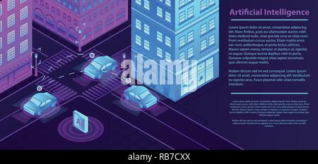 L'intelligence artificielle, la bannière de la ville de style isométrique Illustration de Vecteur