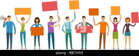 Foule de gens avec des pancartes sur la démonstration. La manifestation, protestation concept. Cartoon vector illustration Illustration de Vecteur