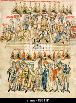 Atelier de la cour du duc Louis I de Liegnitz et Brieg, la famille de Berthold VI ; Le mariage de Hedwig et Heinrich, 1353 couleurs, Tempera, lavages de couleur et encre sur parchemin, le J. Paul Getty Museum, Los Angeles, USA. Banque D'Images