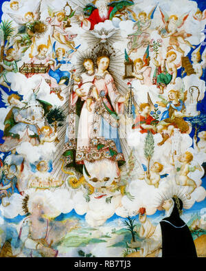 Luis Lagarto, La Vierge du Rosaire avec sainte Catherine d'Alexandrie et de sainte Catherine de Sienne 1611 aquarelle sur papier vélin, Museo Nacional de Arte, Mexico, Mexique. Banque D'Images