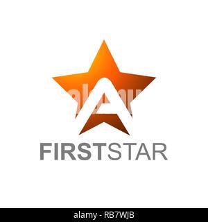 Logo étoile orange avec une lettre avec les premières étoiles texte en fond blanc Illustration de Vecteur