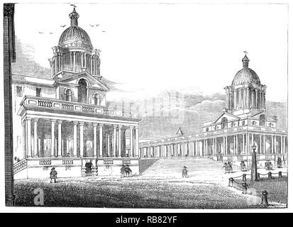 L'hôpital de Greenwich a été créé comme l'Hôpital Royal de Greenwich pour les marins embarqués sur les instructions de la reine Marie II, qui avait été inspiré par la vue des marins blessés de retour de la bataille de la Hougue en 1692. Elle a ordonné à l'aile Roi Charles du palais pour être transformée en un hôpital naval de fournir une contrepartie pour l'hôpital de Chelsea pour les soldats. Sir Christopher Wren et son assistant Nicholas Hawksmoor ont donné leurs services gratuitement en tant qu'architectes du nouvel Hôpital Royal. Sir John Vanbrugh réussi Wren comme architecte, complétant les complexes à Wren's plans d'origine. Banque D'Images