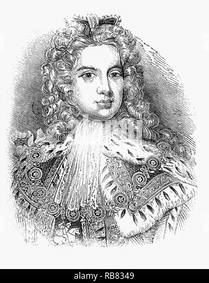 Portrait de George I (1660-1727), né à Hanovre, en Allemagne, le Roi de Grande-Bretagne et d'Irlande de 1 août 1714 jusqu'à sa mort en 1727. À l'âge de 54 ans, après la mort de sa cousine Anne, reine de Grande-Bretagne, George monta sur le trône britannique comme le premier monarque de la Maison de Hanovre. Bien que plus de 50 catholiques romains étaient plus proches de Anne par la primogéniture, l'Act of Settlement de 1701 interdit les catholiques d'hériter du trône britannique, George Anne a vivre plus proche parent Protestant. Banque D'Images