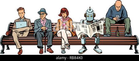 Personnes et d'un robot assis sur un banc de parc. Pop art retro vintage kitsch vector illustration Illustration de Vecteur