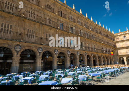 L'architecture de grès sur la Plaza Mayor de Salamanque, ville universitaire et historique dans la région de Castille-et-León au nord-ouest de l'Espagne, l'Europe. Banque D'Images