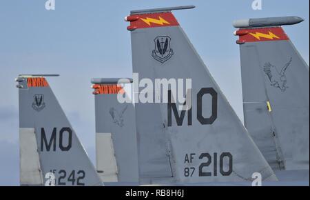 Deux des 16 U.S. Air Force F-15E Strike Eagle de la 336e Escadre de chasse, Mountain Home Air Force Base, Texas, sont stationnés sur l'aire à la base aérienne Tyndall, en Floride, le 14 décembre 2016. Mountain Home est une des nombreuses installations de l'Armée de l'air d'envoyer le personnel au sol et actifs à participer à la 2016 drapeau à damiers 17-1, une antenne à grande échelle l'intégration de la force totale de l'exercice. Banque D'Images