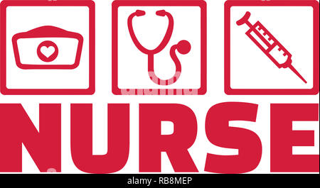 Recherche et offres emploi infirmière à titre d'icônes et de hat, stéthoscope et d'injection Banque D'Images