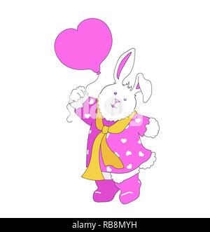 Illustration d'un lapin blanc/bunny portant des vêtements rose avec coeur et d'une écharpe, tenant un ballon en forme de coeur sur un fond blanc. Banque D'Images