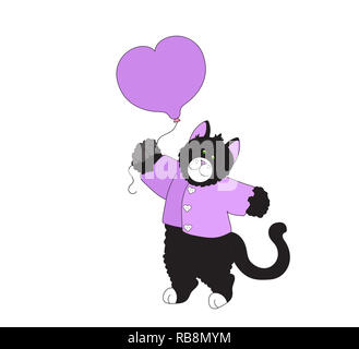 Illustration d'un chat/chaton noir portant un chandail de lavande et tenant un ballon en forme de coeur sur un fond blanc. Banque D'Images