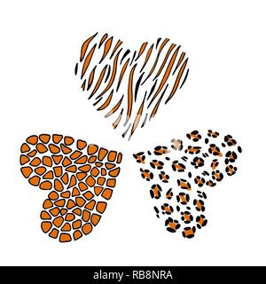 Girafes, léopards et tiger imprimer skin en forme de cœur. Vector illustration. Valentines Day. Carte de vœux. Illustration de Vecteur