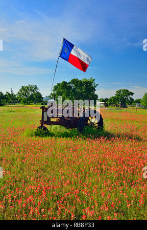 Texas drapeau sur un tracteur John Deer 1935 dans un champ de pinceau, Burnet County, Texas, USA Banque D'Images