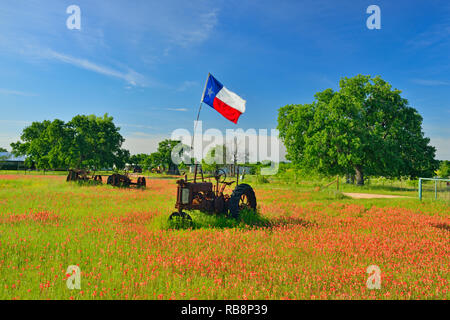 Texas drapeau sur un tracteur John Deer 1935 dans un champ de pinceau, Burnet County, Texas, USA Banque D'Images