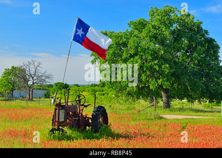Texas drapeau sur un tracteur John Deer 1935 dans un champ de pinceau, Burnet County, Texas, USA Banque D'Images