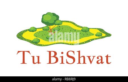 Tu Bishvat. Festival juif d'arbres fruitiers. Prairie d'été avec des arbres et arbustes. Nom de l'événement Illustration de Vecteur