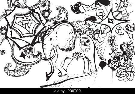 Illustration d'un éléphant psychédélique sur fond d'madhala, les animaux, les modèles. Illustration de Vecteur