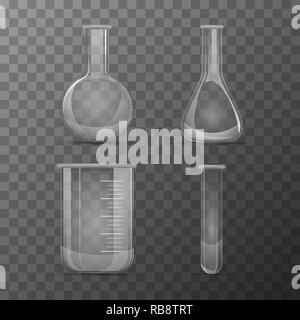 Ensemble de flacons transparents et flacons pour des expériences chimiques Illustration de Vecteur