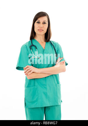 Portrait of happy female doctor with stethoscope en vert uniforme Gommages isolé sur fond blanc copie espace dans le domaine des soins de santé succès professiona Banque D'Images
